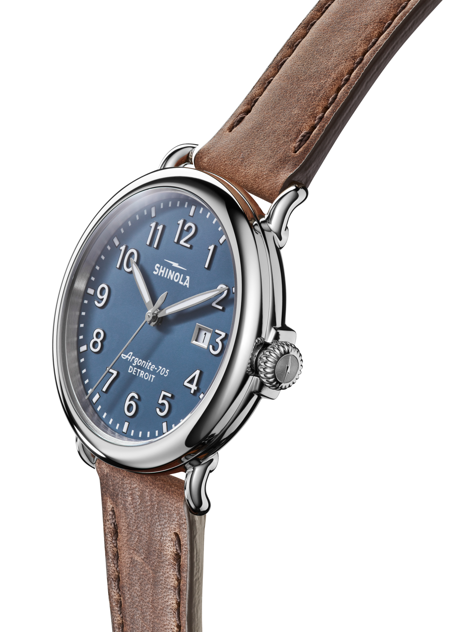 A close-up of the Shinola Runwell Date Watch - Blue, featuring a vibrant blue dial, white numerals, silver case, and brown leather strap, shown at an angle highlighting its side and front.