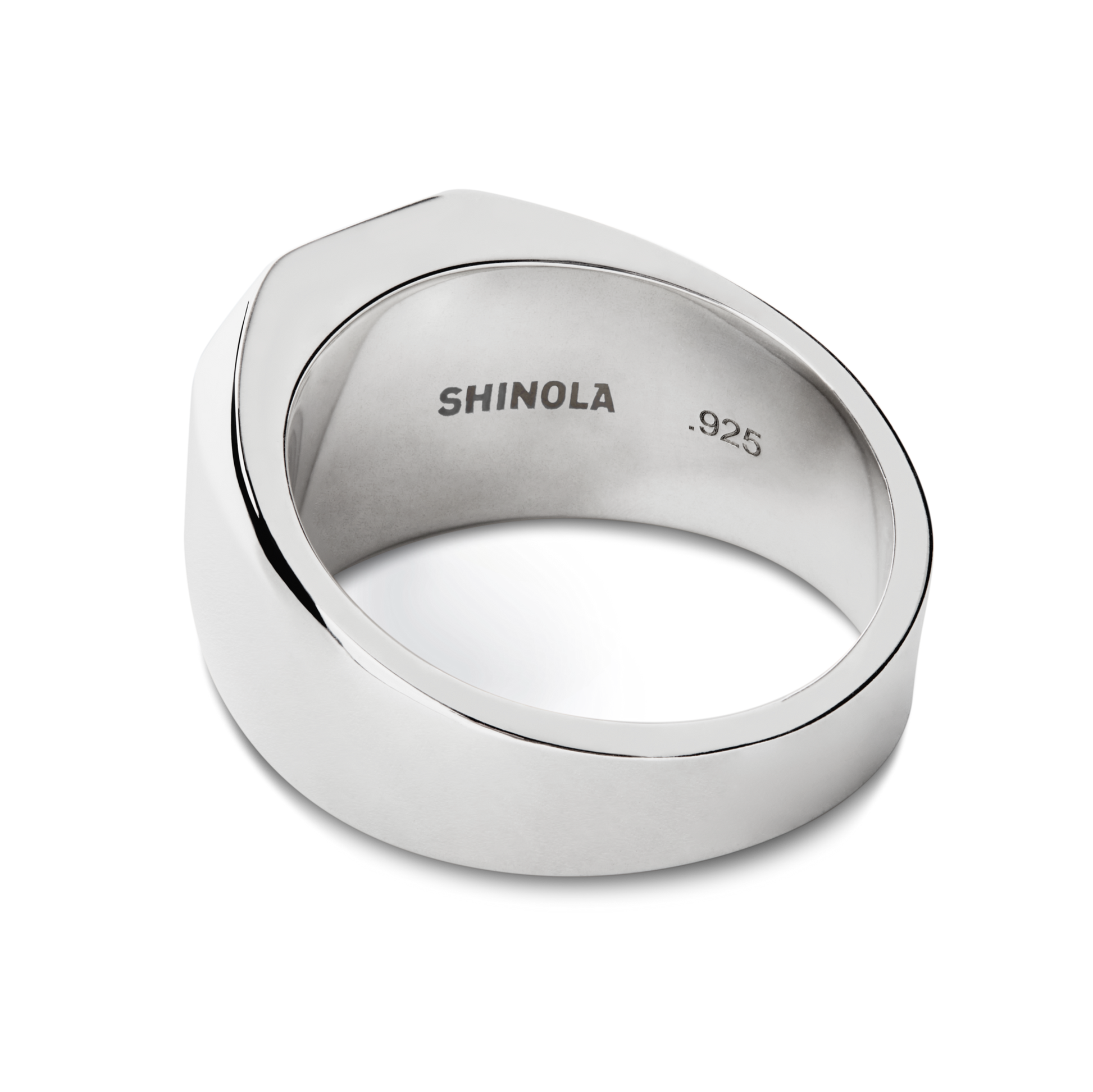The Octagonal Lapis Signet Ring from Shinola features a modern geometric design, crafted in sterling silver and engraved with SHINOLA .925 on the inner band, shown against a white background.