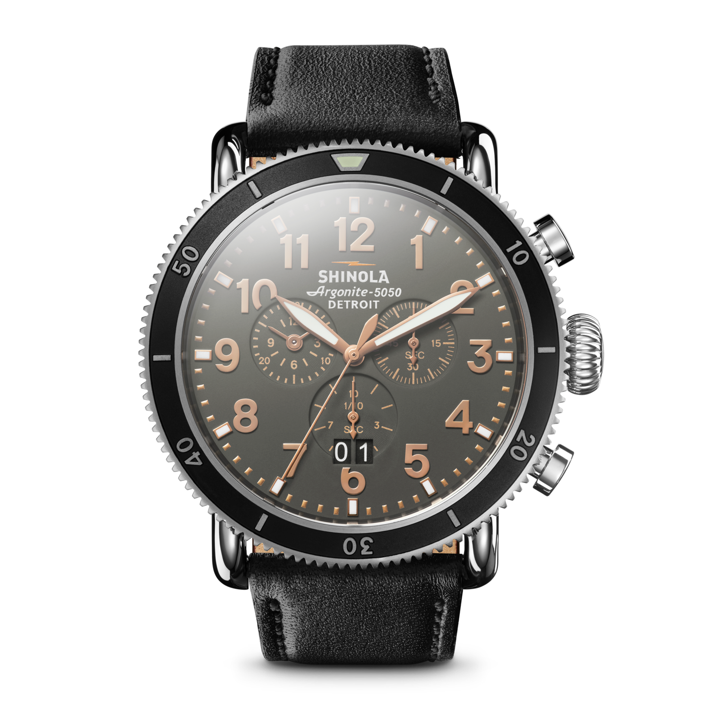 Watch: Runwell Sport Chrono 48mm, Black Leather Strap - Stones