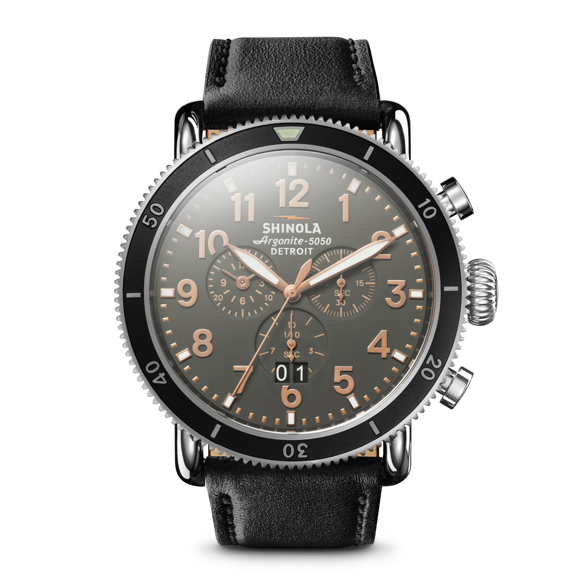 Watch: Runwell Sport Chrono 48mm, Black Leather Strap - Stones