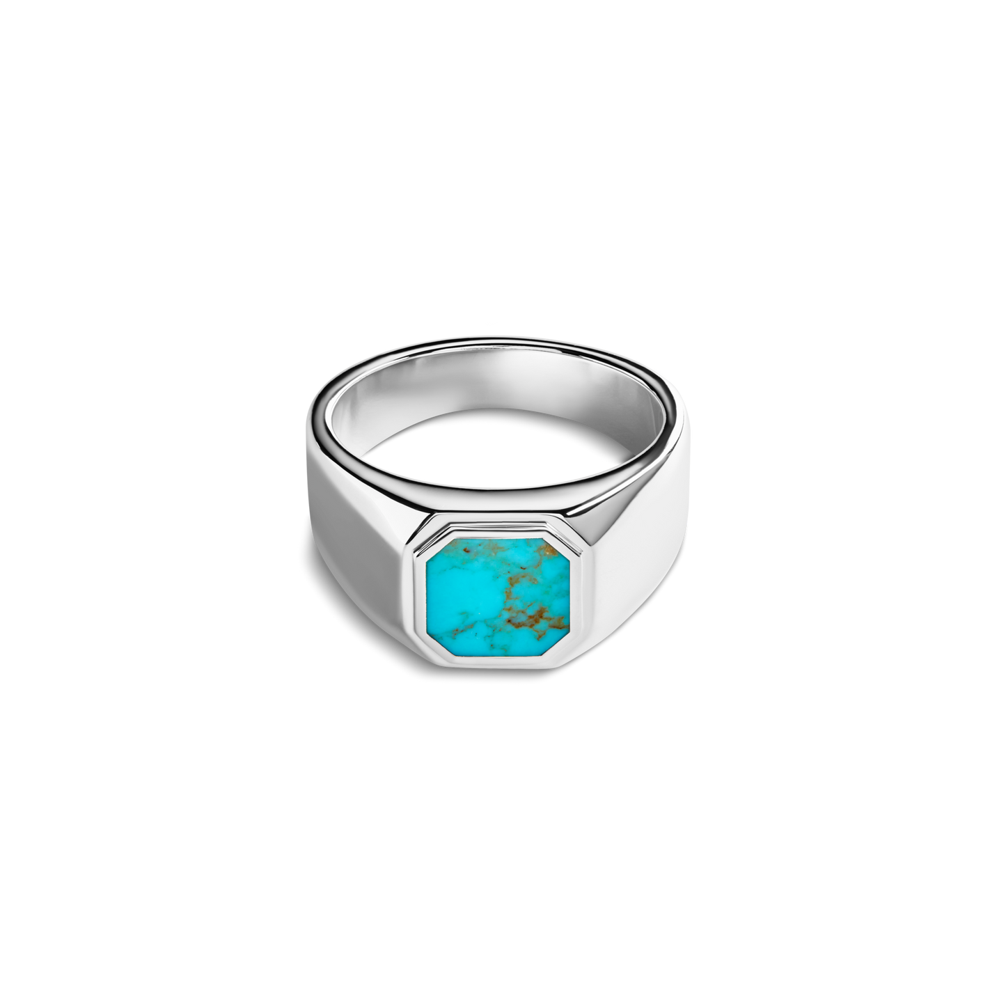 The Shinola Octagonal Inlay Signet Ring Turquoise features a wide sterling silver band with a large octagonal turquoise inlay, highlighted by natural brown veining and set against a plain white background.