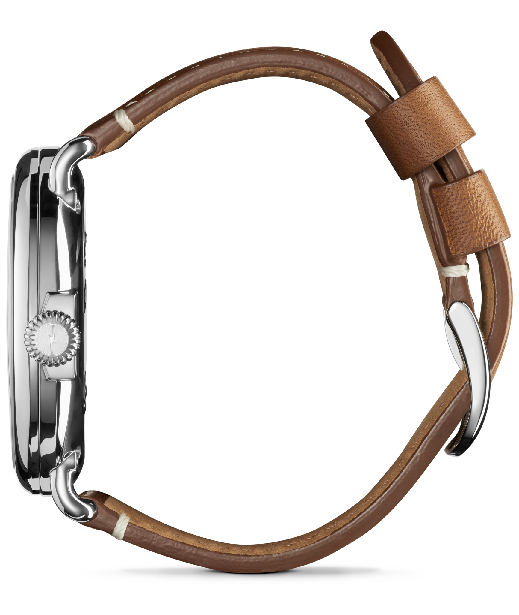 Side view of the Shinola Engravable Runwell Watch - Green, featuring a shiny stainless steel case, brown leather strap, crown, and metal buckle detail against a plain white background.