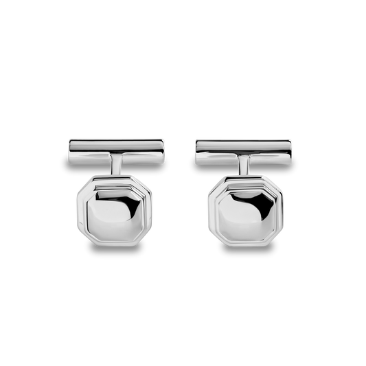 Shinola Octagonal Cufflinks feature a polished, reflective sterling silver finish and classic bar fastening, shown against a white background.