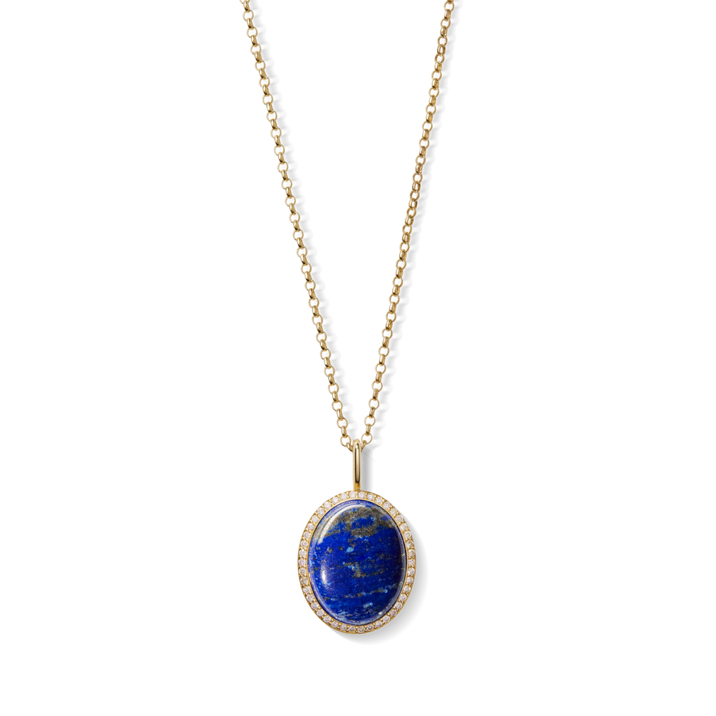 Diamond Pave Lapis Pendant Necklace Yellow Gold
