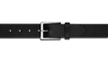 A close-up of the Shinola Lightning Bolt Keeper Belt in black leather with silver-tone hardware and a rectangular buckle, displayed horizontally on a plain white background.