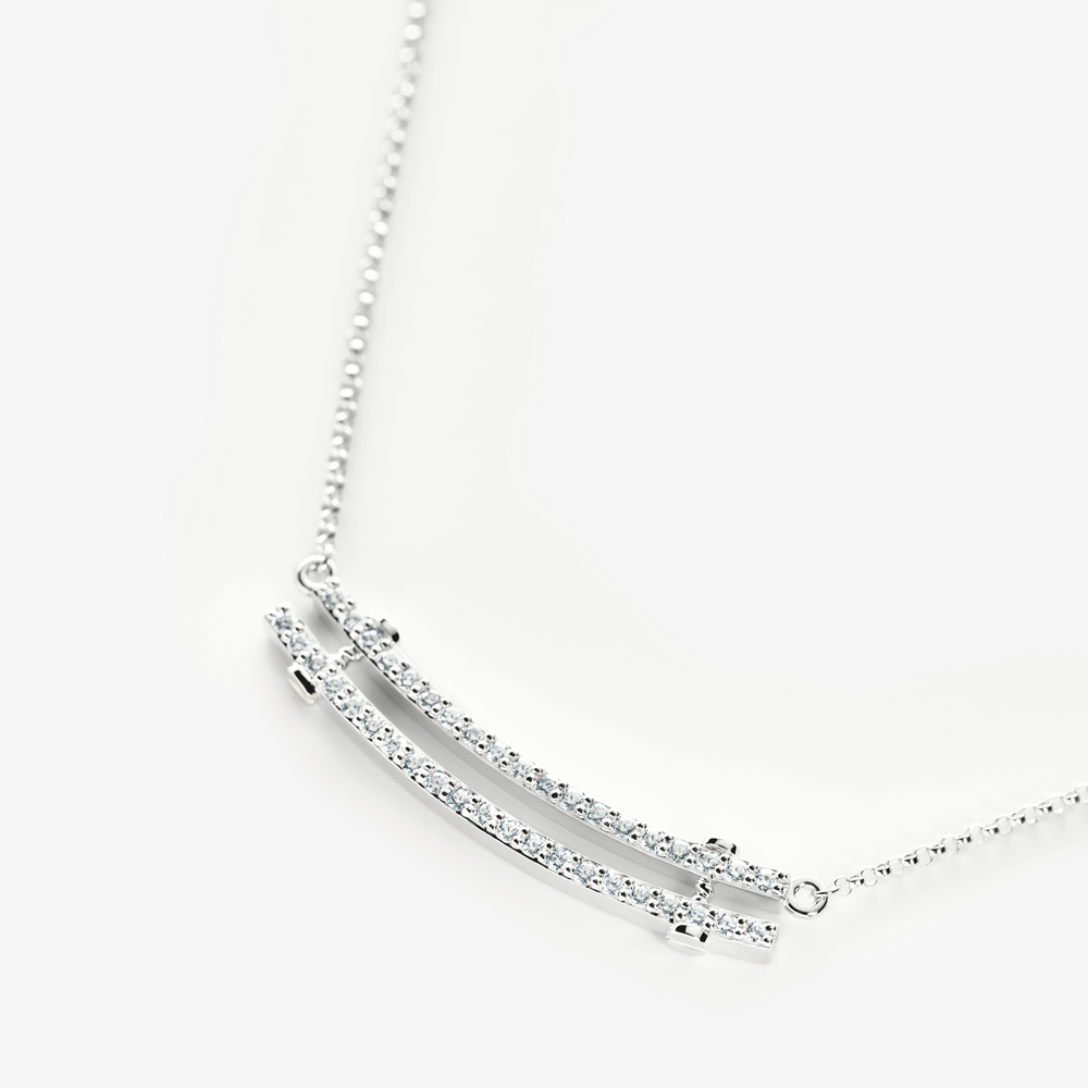 Diamond Pave Rivet Double Row Necklace - White Gold