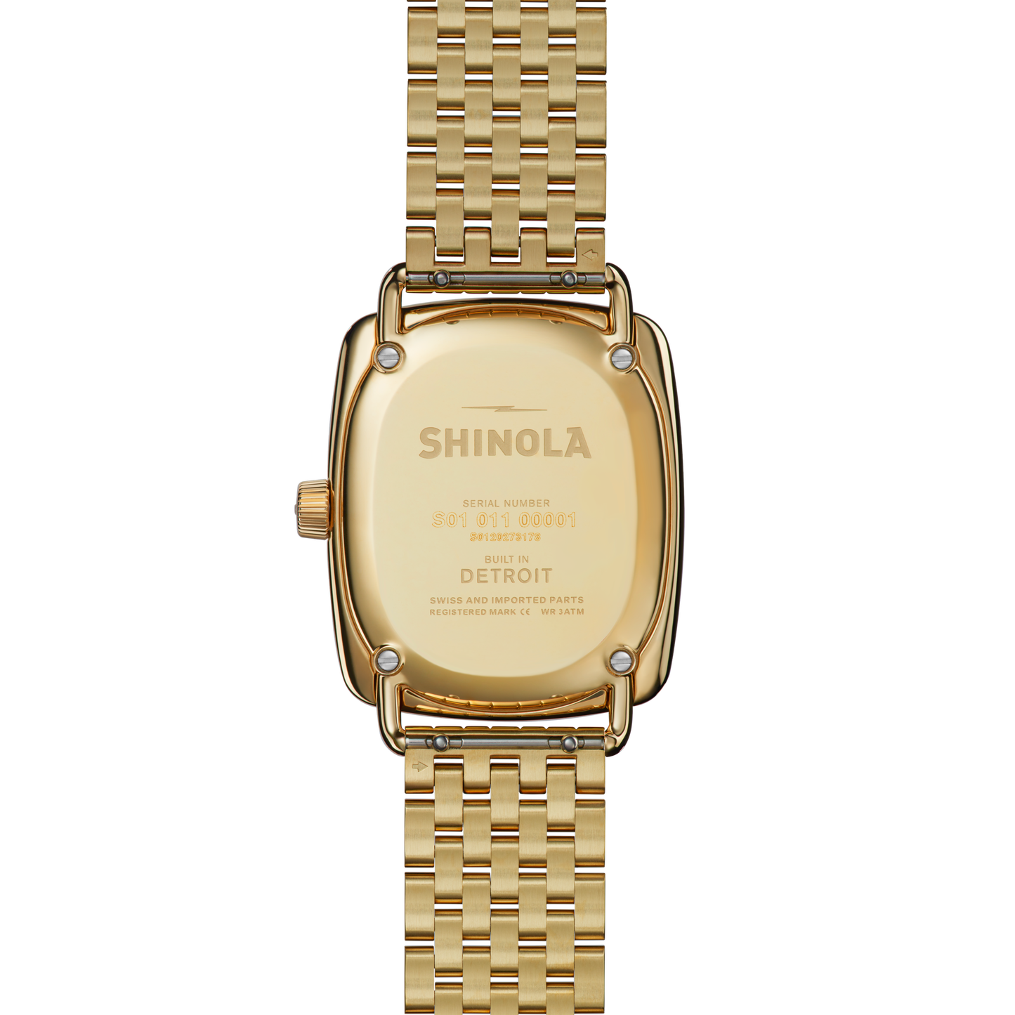 The back of a Shinola Bixby Watch - Light Silver with a linked metal band, displaying engraved text featuring the brand name, serial number, and "Built in Detroit.