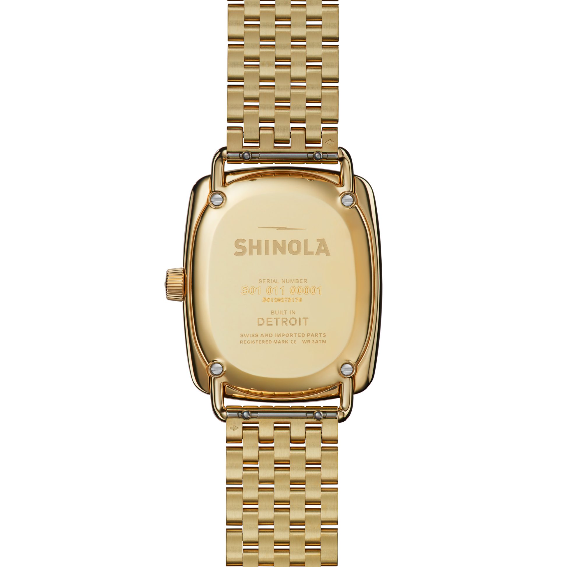 The back of a Shinola Bixby Watch - Light Silver with a linked metal band, displaying engraved text featuring the brand name, serial number, and "Built in Detroit.