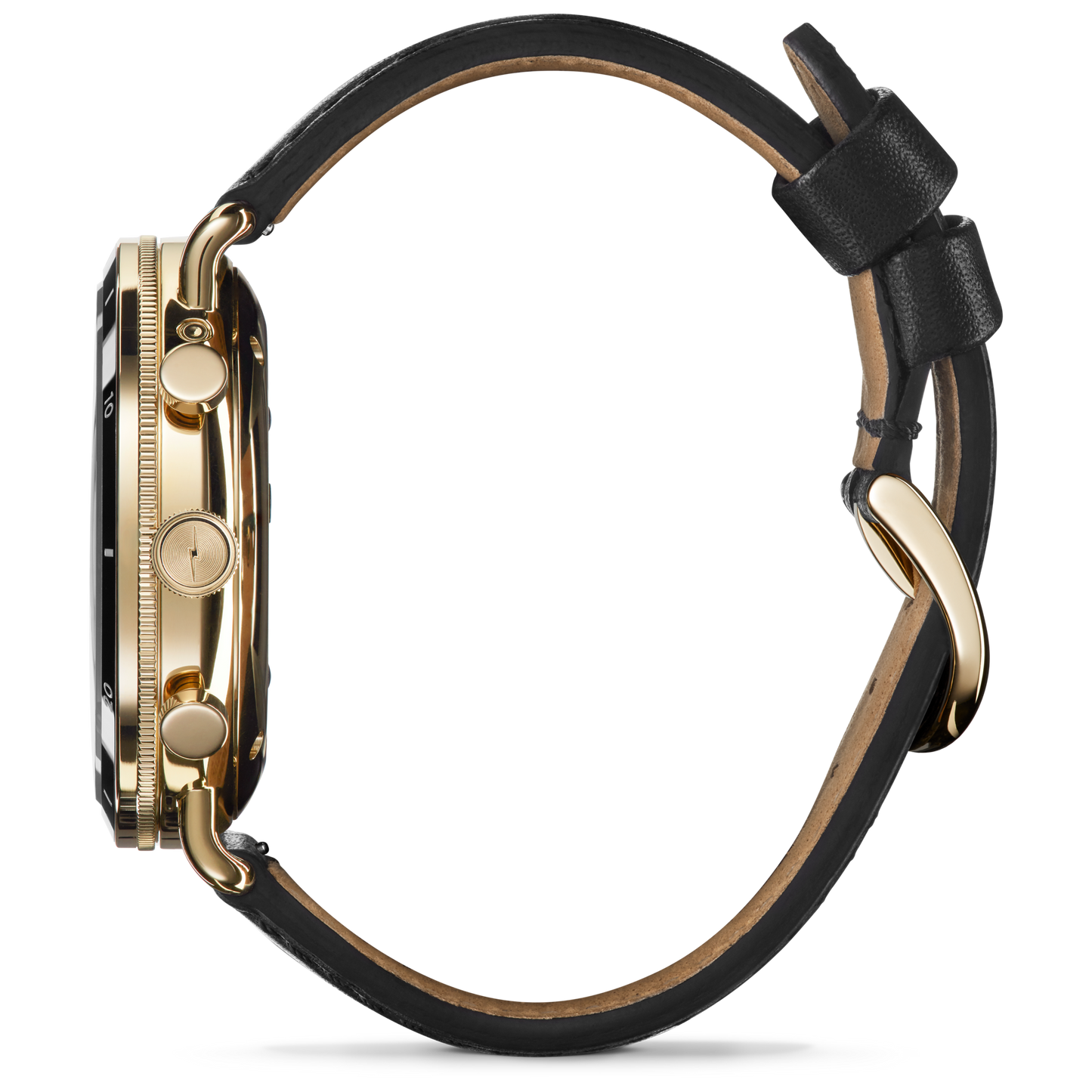 Side view of the Shinola Canfield Sport Watch - Dominos featuring a gold and black round face, black bezel, two buttons, and a black leather strap with tan underside and a gold buckle on a white background.