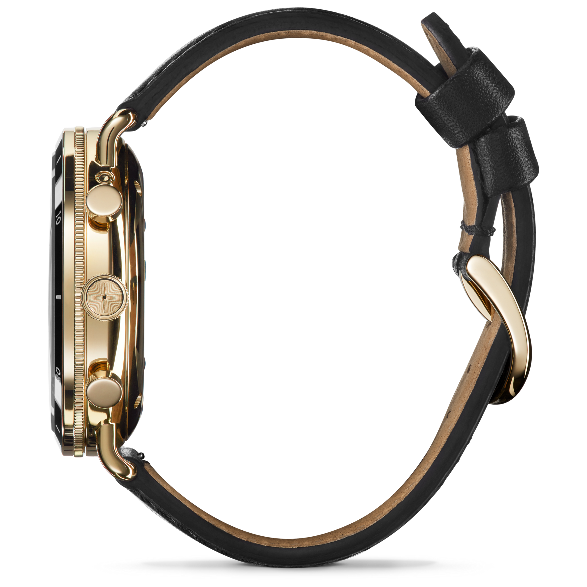 Side view of the Shinola Canfield Sport Watch - Dominos featuring a gold and black round face, black bezel, two buttons, and a black leather strap with tan underside and a gold buckle on a white background.