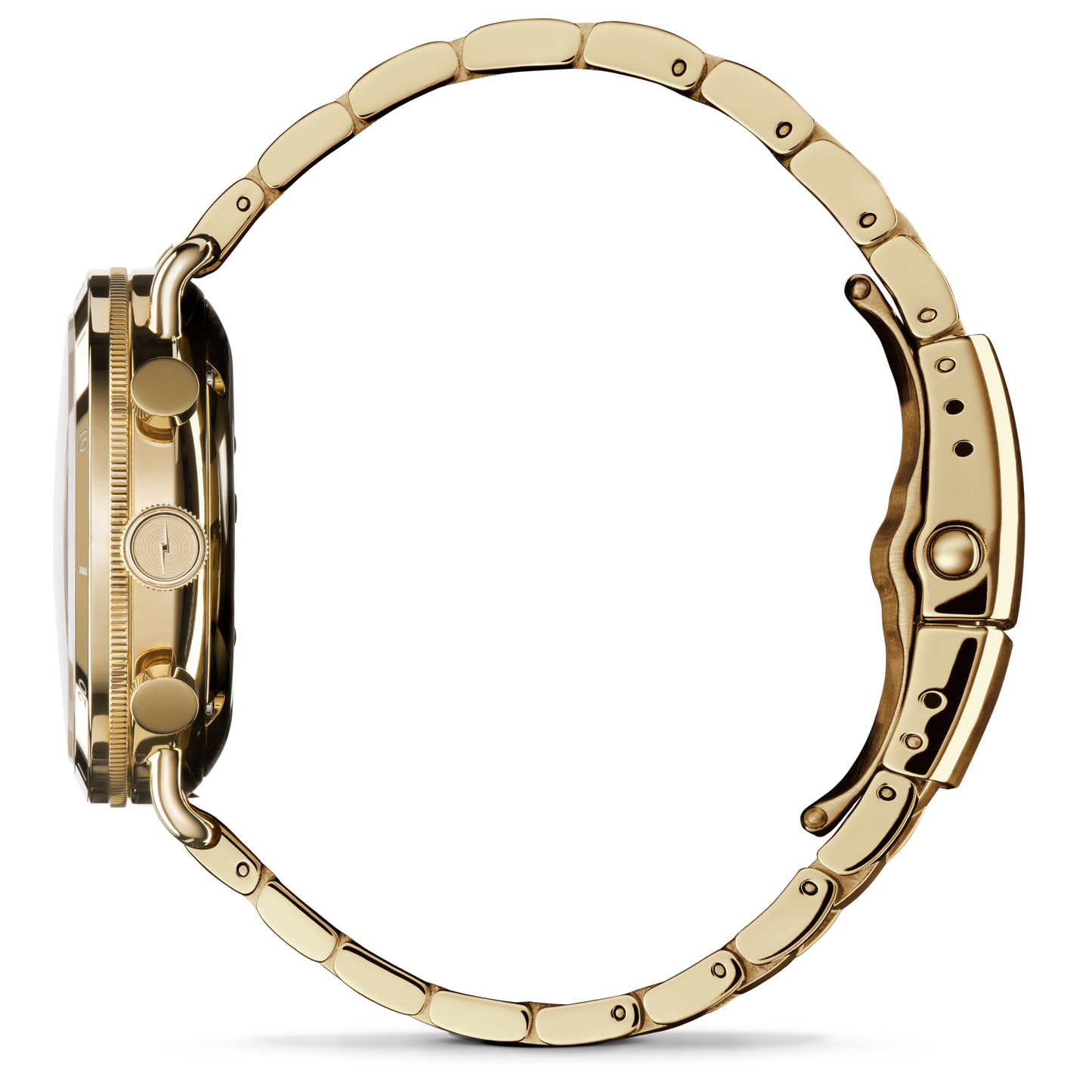 Side view of the Shinola Canfield Sport Watch - Gold Dominos, featuring a gold stainless steel link band, clasp, two push buttons, ridged crown, and round case, set against a plain white background.