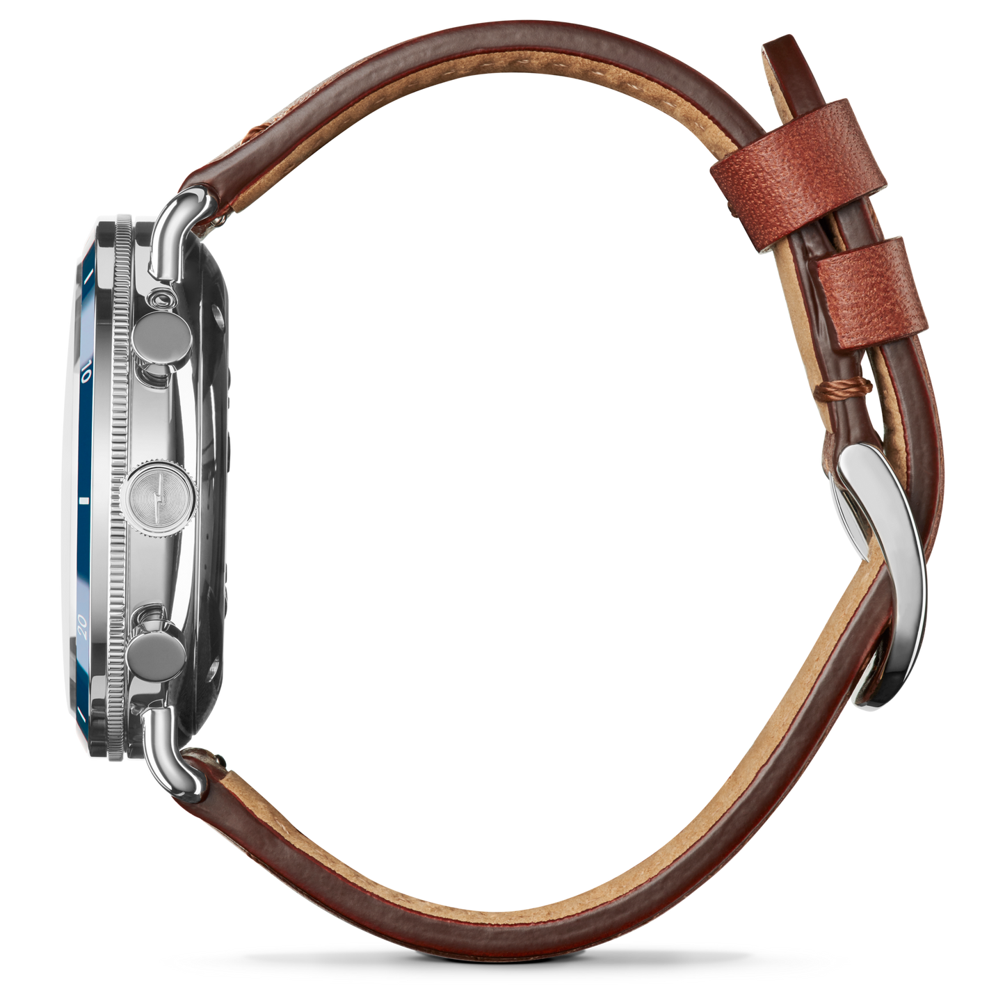 A side view of the Shinola Canfield Sport Chronograph Watch - Midnight Blue shows a brown leather strap, silver buckle, and silver case, emphasizing its sporty profile and buttons while the watch face remains hidden.