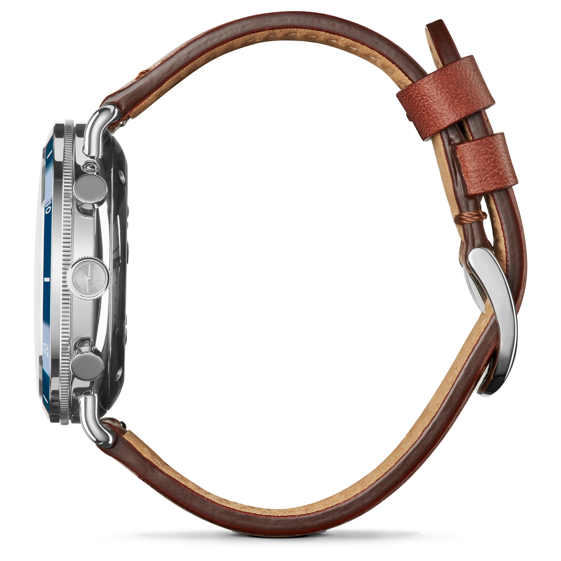 A side view of the Shinola Canfield Sport Chronograph Watch - Midnight Blue shows a brown leather strap, silver buckle, and silver case, emphasizing its sporty profile and buttons while the watch face remains hidden.