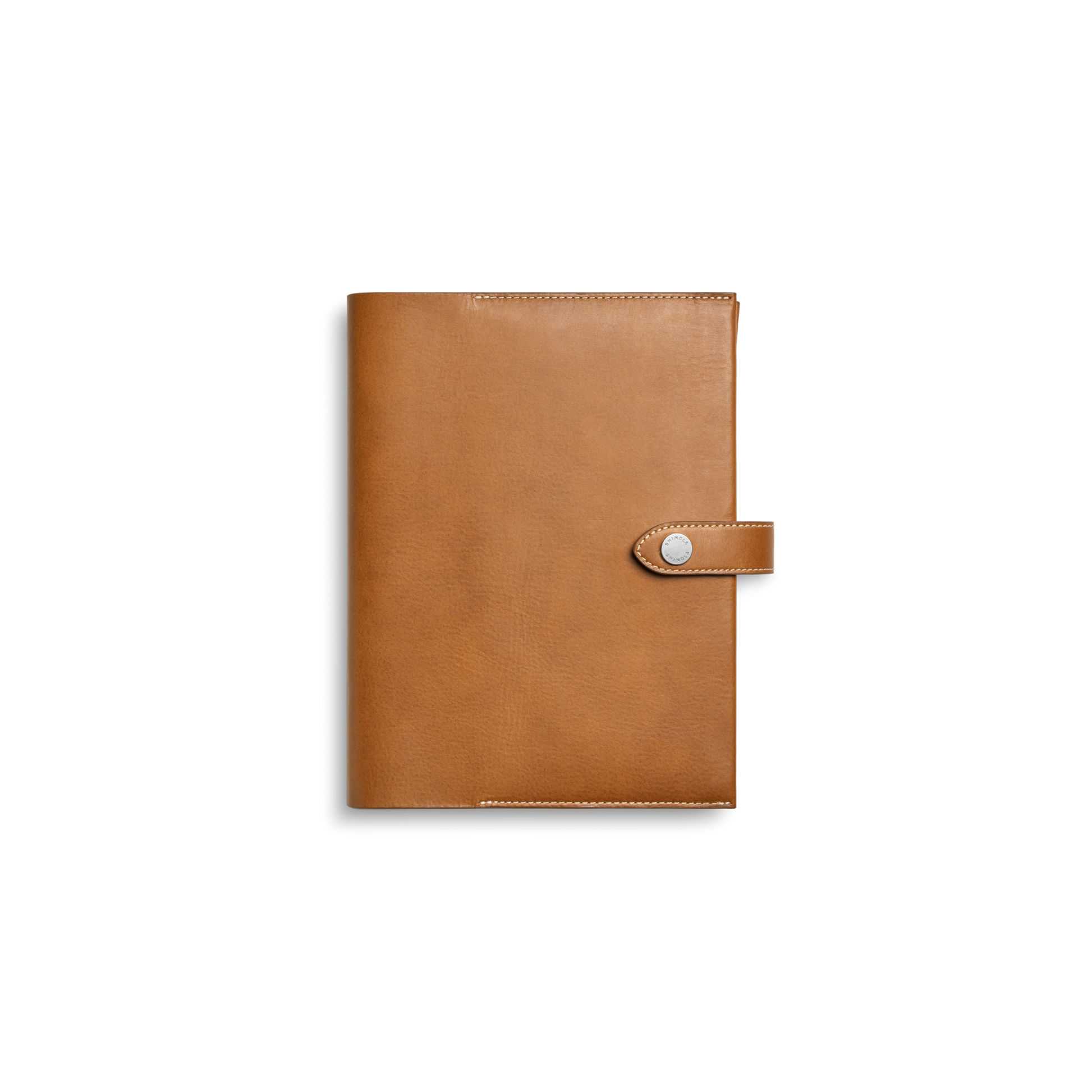 The Shinola Large Journal Cover in tan Italian Vachetta leather features a flap closure with a silver button, shown closed against a plain white background.