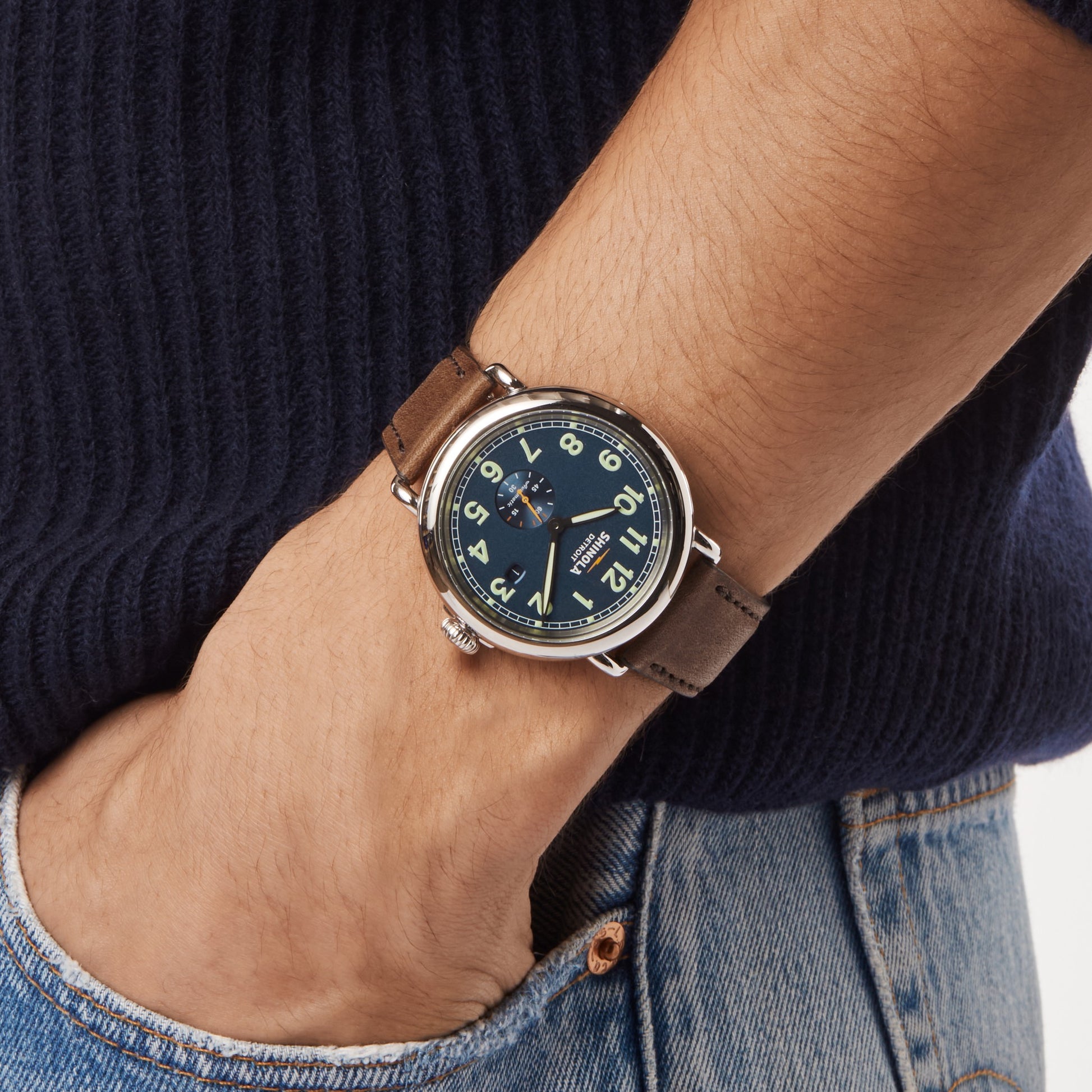 Watch: Runwell Automatic Subscndw/Date 45mm,BritshTnLthrStrp - Midnight Blue