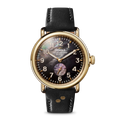 The Shinola 41mm Runwell MOP - Dominos features a gold finish, black leather strap, black mother of pearl dial with white numerals, and a small subdial above 6 o’clock, set against a plain white background.