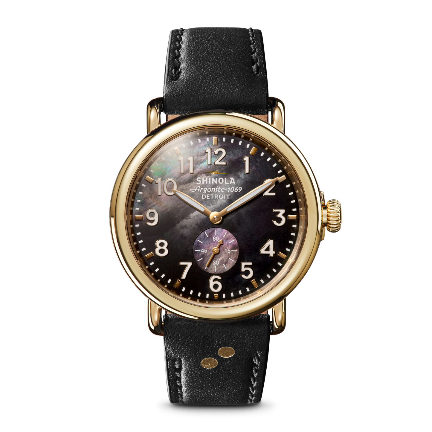 The Shinola 41mm Runwell MOP - Dominos features a gold finish, black leather strap, black mother of pearl dial with white numerals, and a small subdial above 6 o’clock, set against a plain white background.