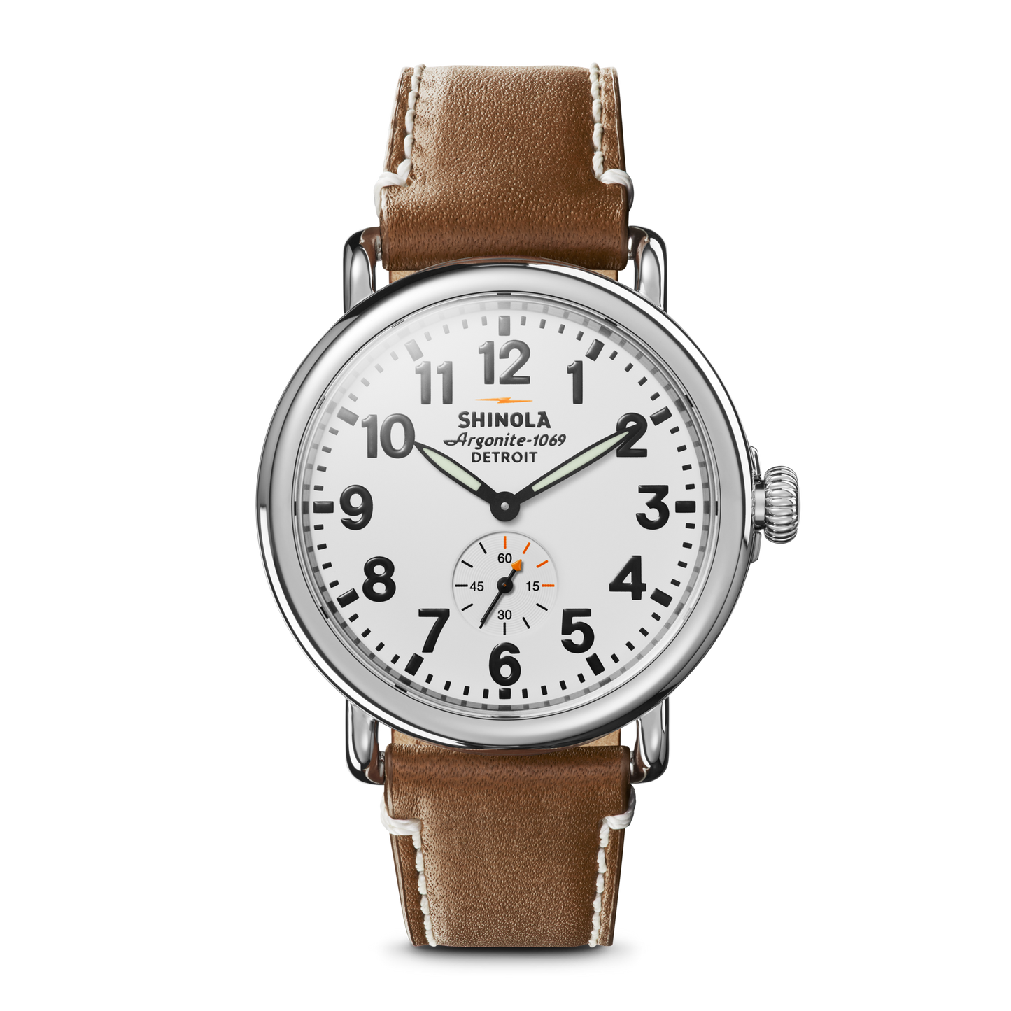 The Shinola Engravable Runwell Watch - White features a white dial, black numerals, silver case, brown leather strap, and seconds subdial above 6 o’clock; the flagship timepiece displays 10:08:36.
