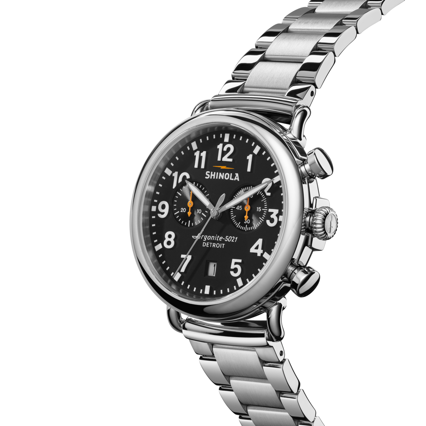 The Shinola Runwell Chronograph Watch - Black features a stainless steel case, black dial with white numerals, two stopwatch subdials, and a metal link band, shown angled on a plain white background.