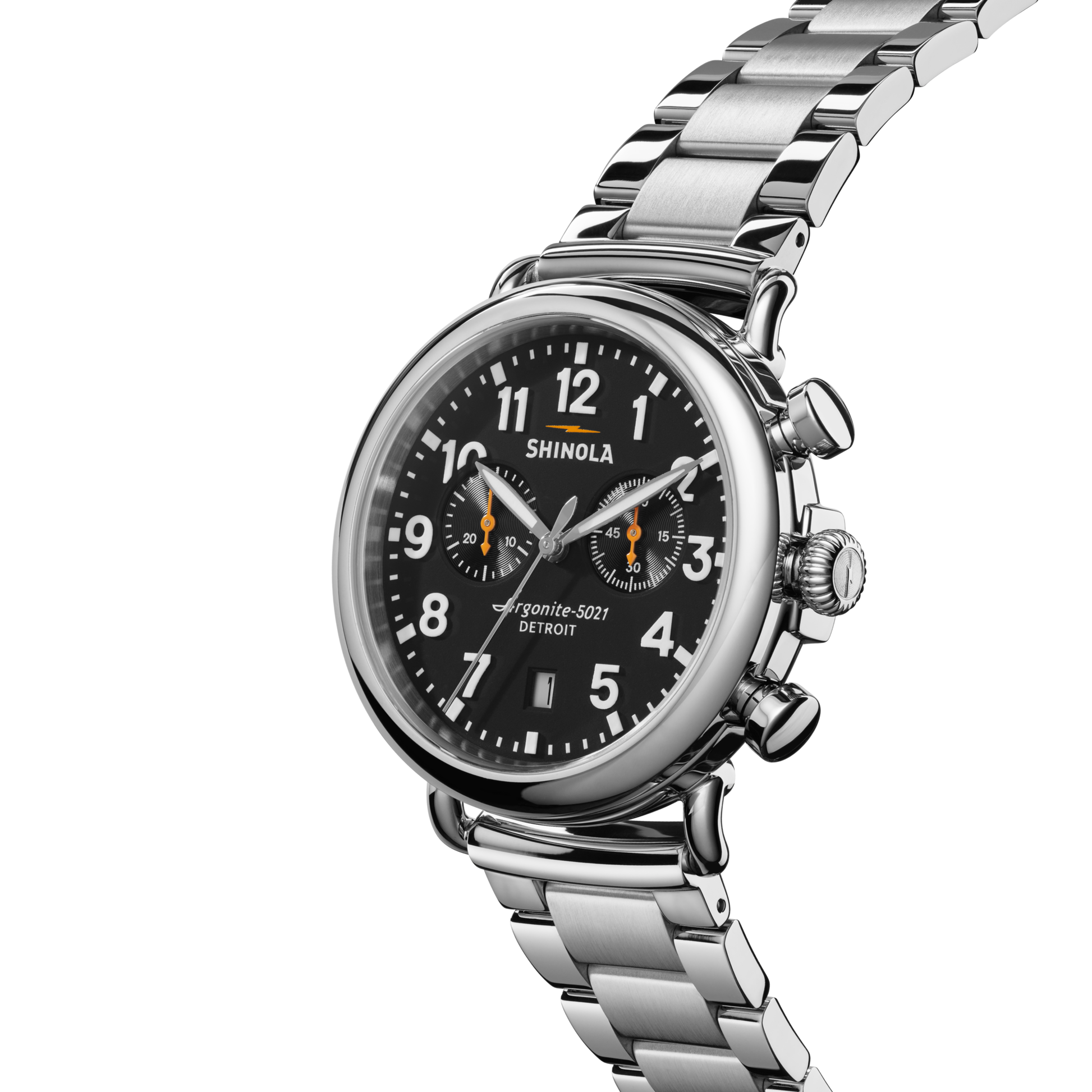 The Shinola Runwell Chronograph Watch - Black features a stainless steel case, black dial with white numerals, two stopwatch subdials, and a metal link band, shown angled on a plain white background.