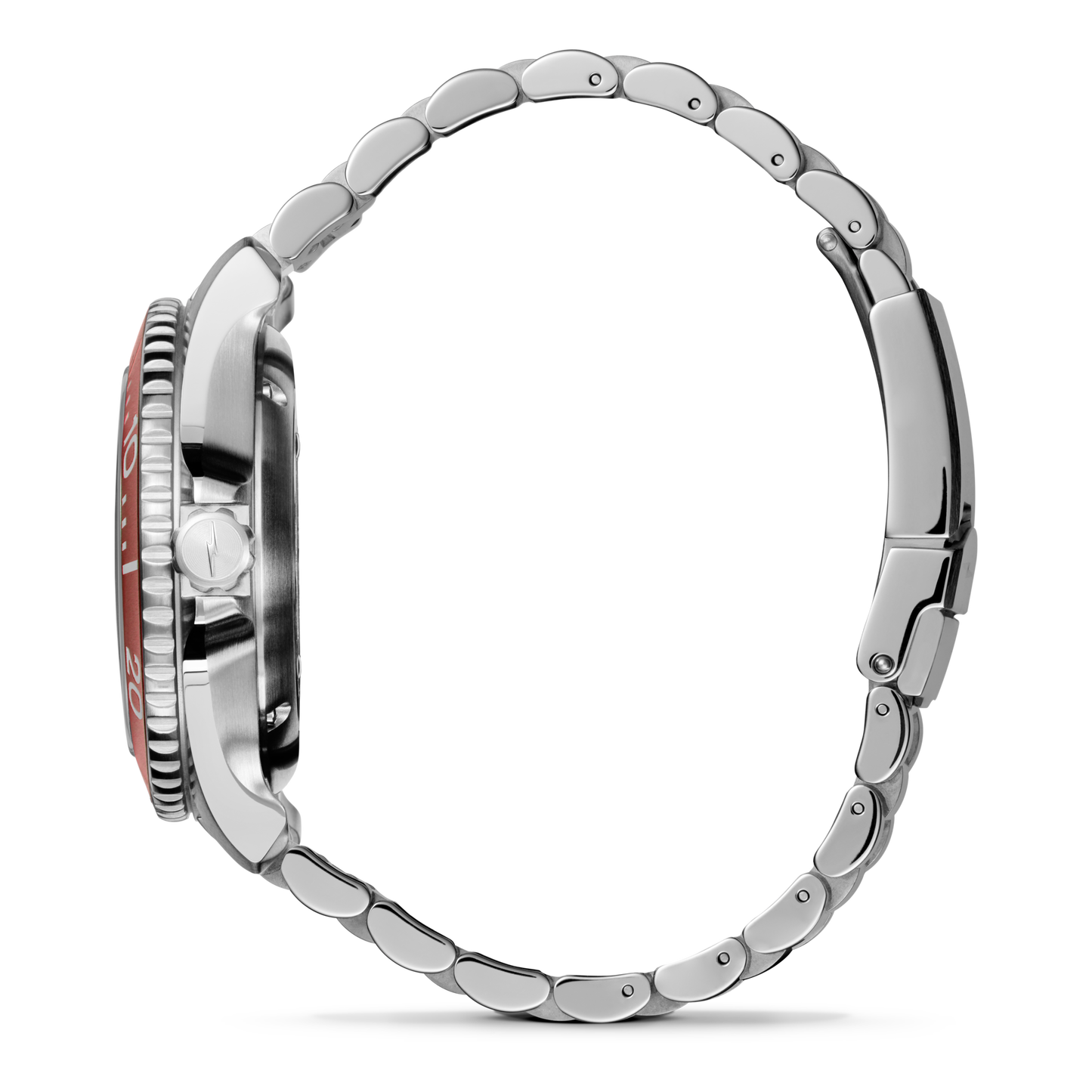Side view of the Shinola Lava Lake Monster Automatic Watch - Cardinal, showcasing a red bezel, textured crown, and metal link band inspired by the Lava Lake Monster, set against a plain white background.