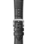 Close-up of the Shinola 24mm Black Alligator Leather Apple Watch Strap, featuring premium black leather, signature alligator pattern, silver buckle, and double loops—displayed vertically on a white background.