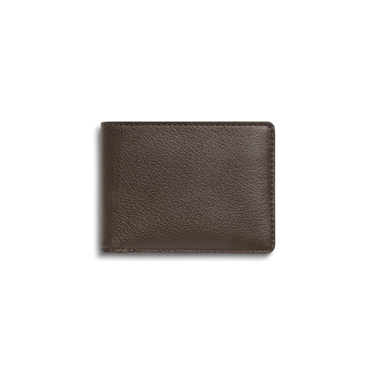 The Shinola Canfield ID Bifold Wallet in Espresso is shown closed, featuring dark brown pebbled leather with a smooth, slightly textured surface against a plain white background.