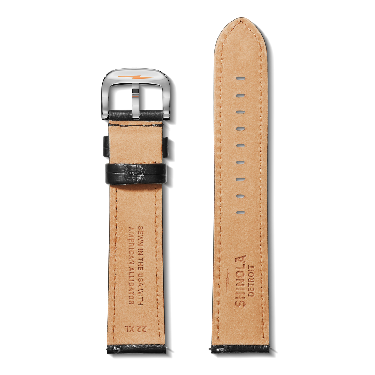 22mm Black Alligator Leather Watch Strap (Long) - Black