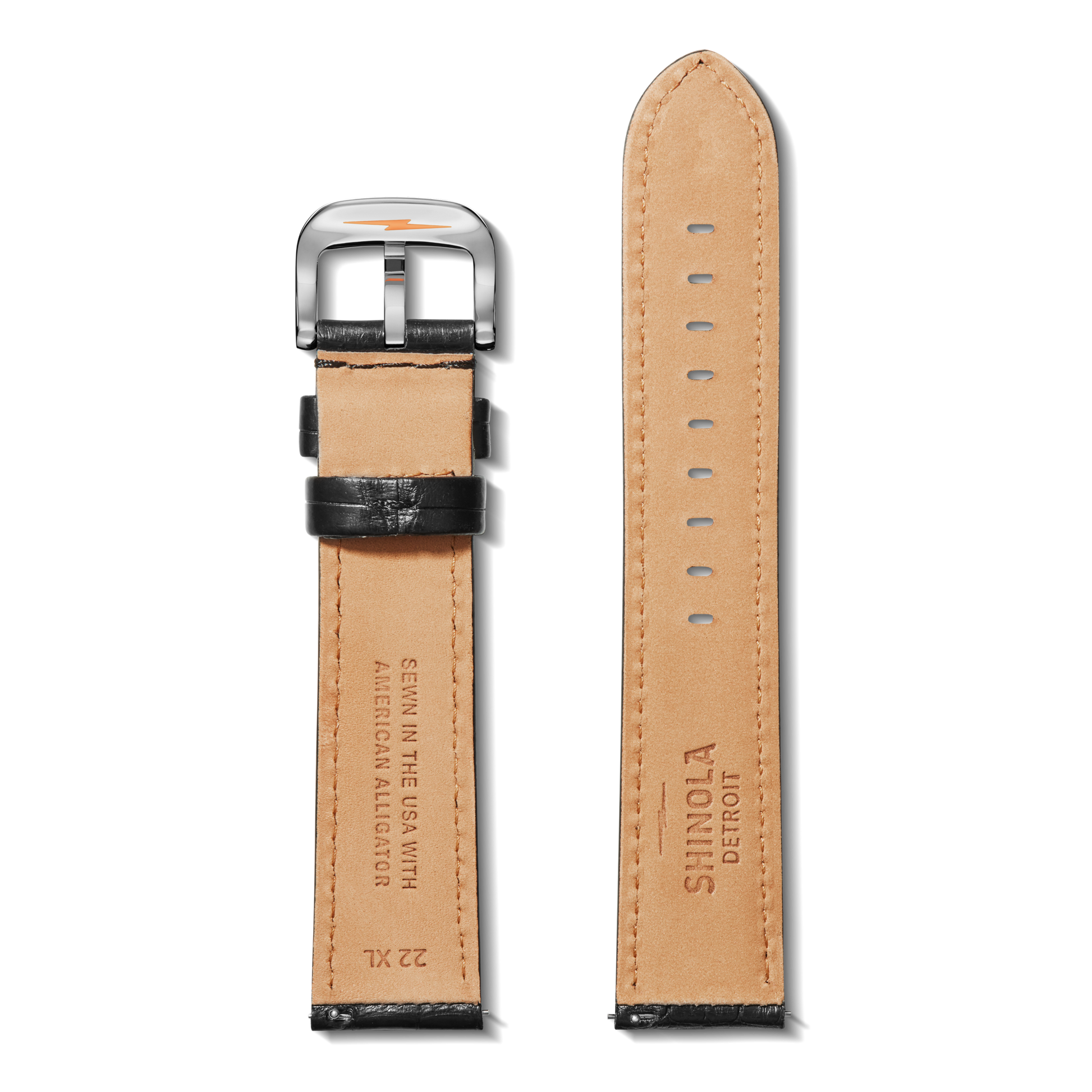 22mm Black Alligator Leather Watch Strap (Long) - Black