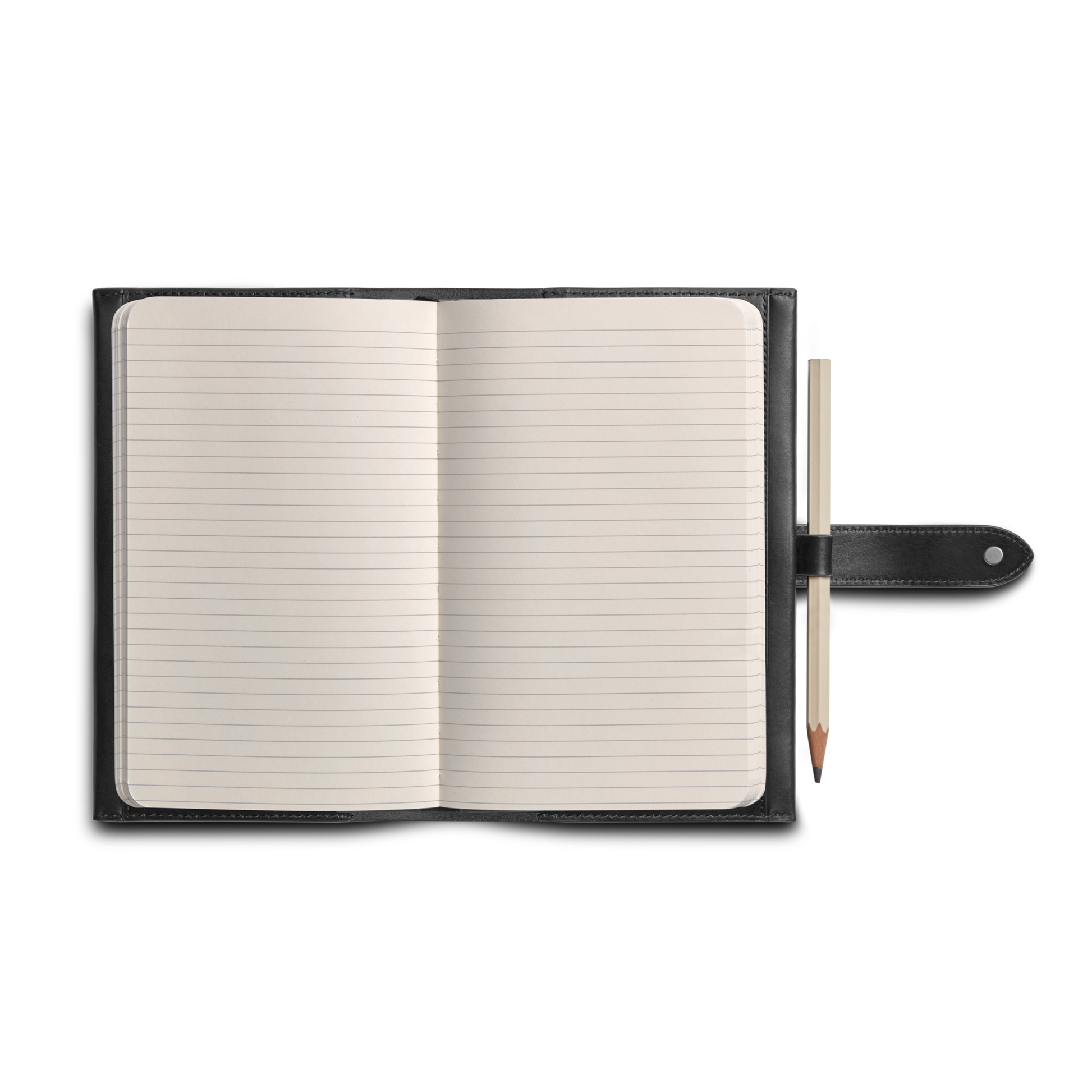 The Shinola Medium Snap Journal Cover in Black Vachetta lies open with lined pages and a clasp, featuring an unused pencil secured in the side loop—ready for your next entry.