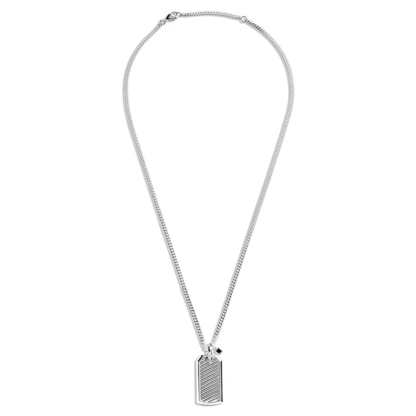 The Ribbed Tag Necklace by Shinola features diagonal ribbing and a petite onyx pendant, elegantly suspended from a sterling silver curb chain.