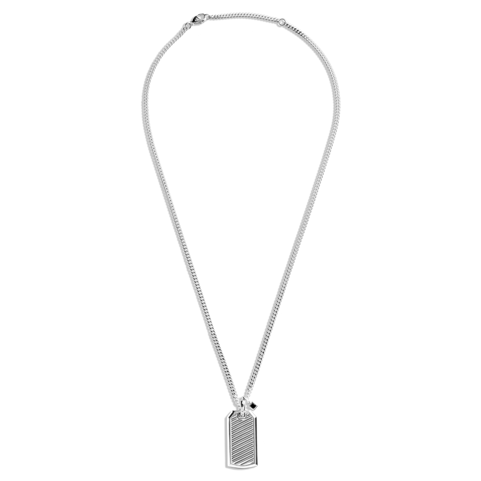 The Ribbed Tag Necklace by Shinola features diagonal ribbing and a petite onyx pendant, elegantly suspended from a sterling silver curb chain.
