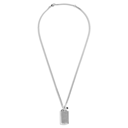 The Ribbed Tag Necklace by Shinola features diagonal ribbing and a petite onyx pendant, elegantly suspended from a sterling silver curb chain.