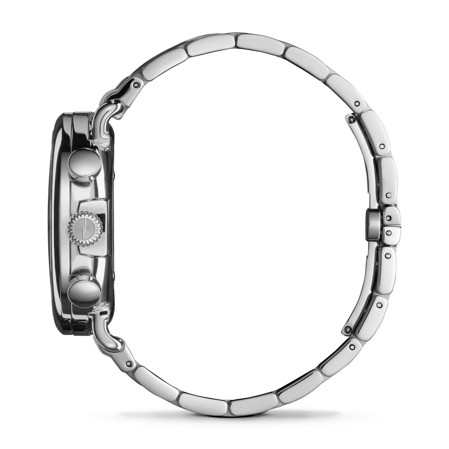 A side profile of the Shinola Runwell Chronograph Watch - Black showcases its stainless steel case, crown, two stopwatch pushers, and segmented bracelet against a plain light background.