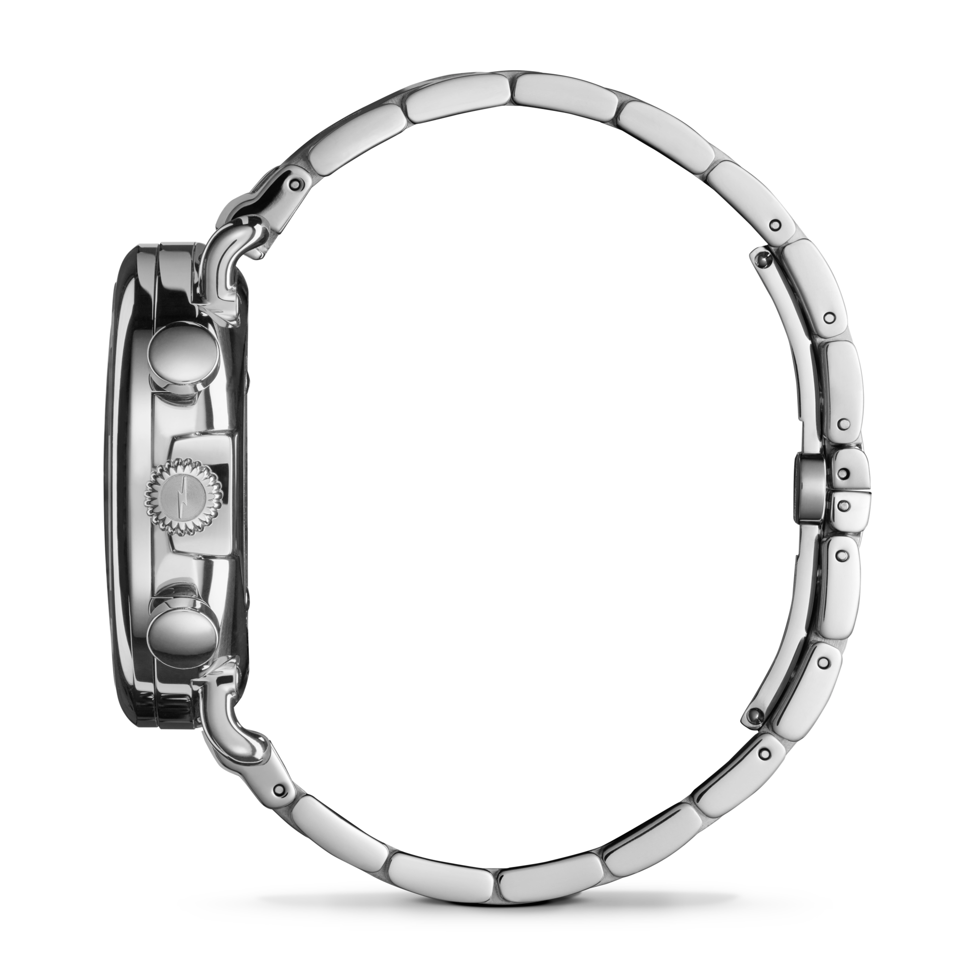 A side profile of the Shinola Runwell Chronograph Watch - Black showcases its stainless steel case, crown, two stopwatch pushers, and segmented bracelet against a plain light background.