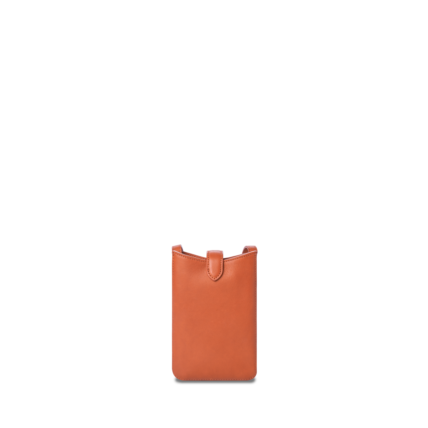The Shinola Bixby Phone Crossbody in Rust, a small rectangular leather pouch with a rounded flap and tab closure, is centered against a plain white background.