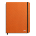The Shinola Large Hard Ruled Journal in Bold Orange features a black elastic band, ribbon bookmark, and DAC initials in white at the bottom right. Crafted with acid-free paper for lasting notes.
