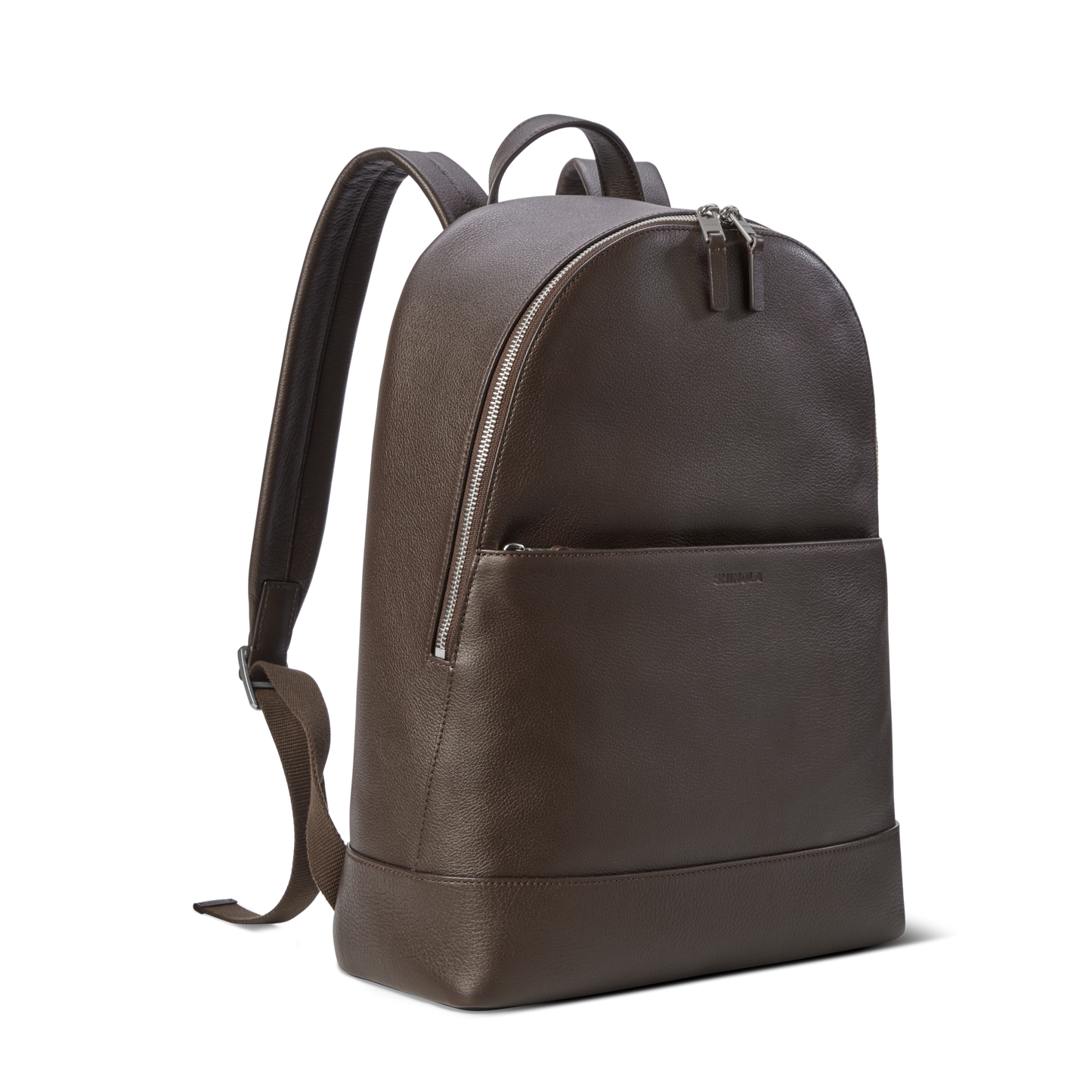 The Shinola Canfield Backpack - Espresso is a sleek brown leather laptop backpack featuring a front zip pocket, adjustable shoulder straps, and a top handle, shown against a plain white background.